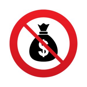 No Money bag sign icon. Dollar USD currency symbol. Red prohibition sign. Stop symbol. Vector