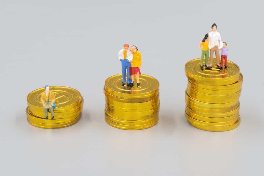 Cartoon showing people standing on coins