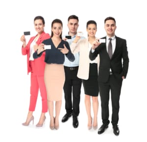 Group,Of,People,Holding,Blank,Business,Cards,On,White,Background