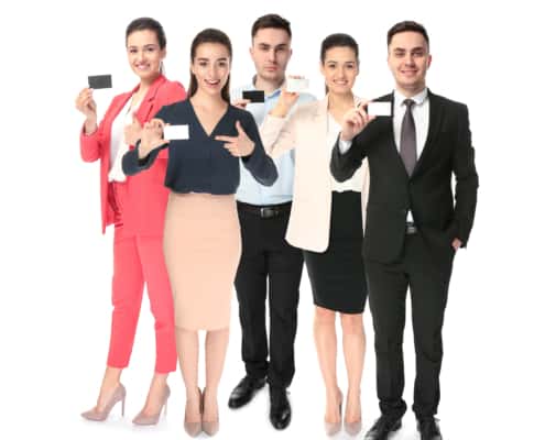 Group,Of,People,Holding,Blank,Business,Cards,On,White,Background