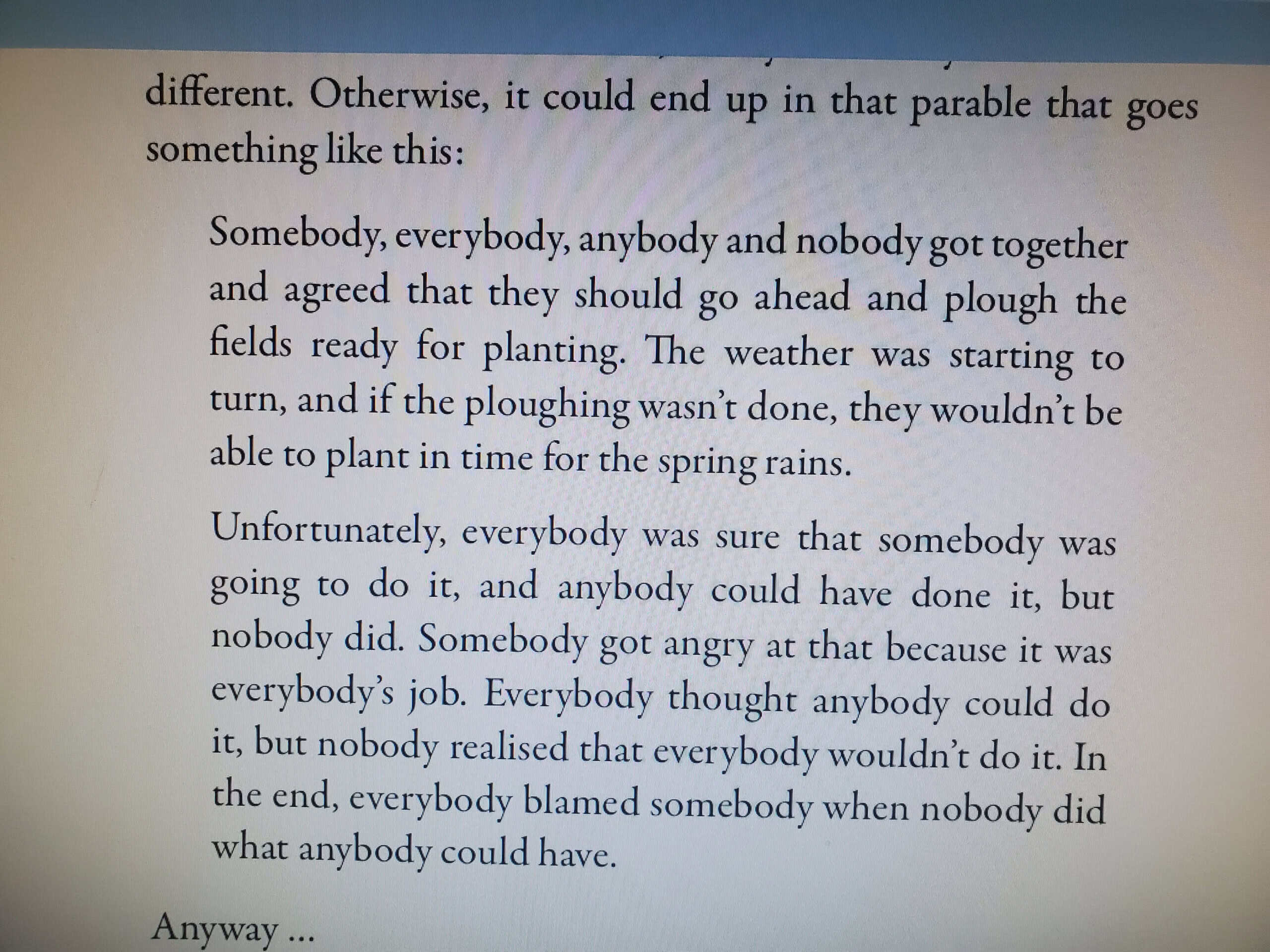 Page from John Broons' book: the parable of Somebody, Everybody, Anybody and Nobody